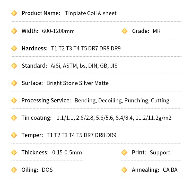 High Strength En 10203 Tinplate Tin Coils 2.8/2.8 Bright Stone Surface T2 T2.5 T3 T5 Dr8 Tin Coating Steel Coil/Plate